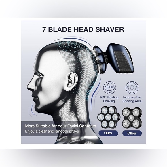Head Shaver 7D/Razor w/ Nose Hair Trimmer Waterproof Wet Dry Mens Grooming Blue - Picture 5 of 7